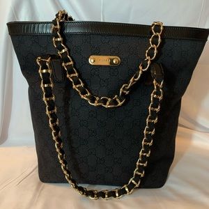 Gucci black denim leather tote purse
